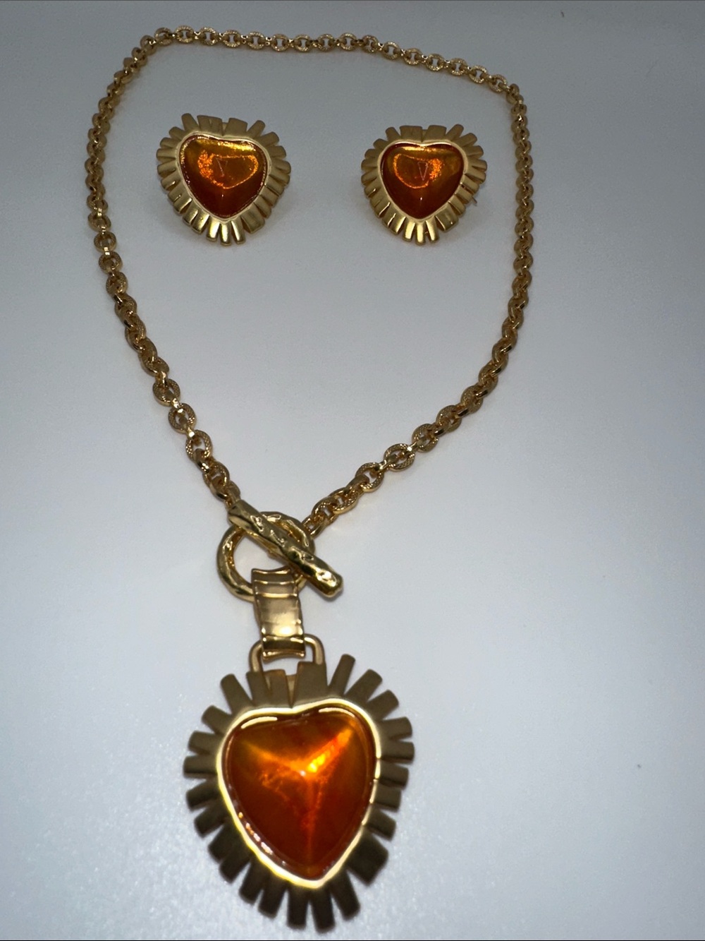 Gold Heart Pendant Necklace and Earrings Set with Amber Hearts